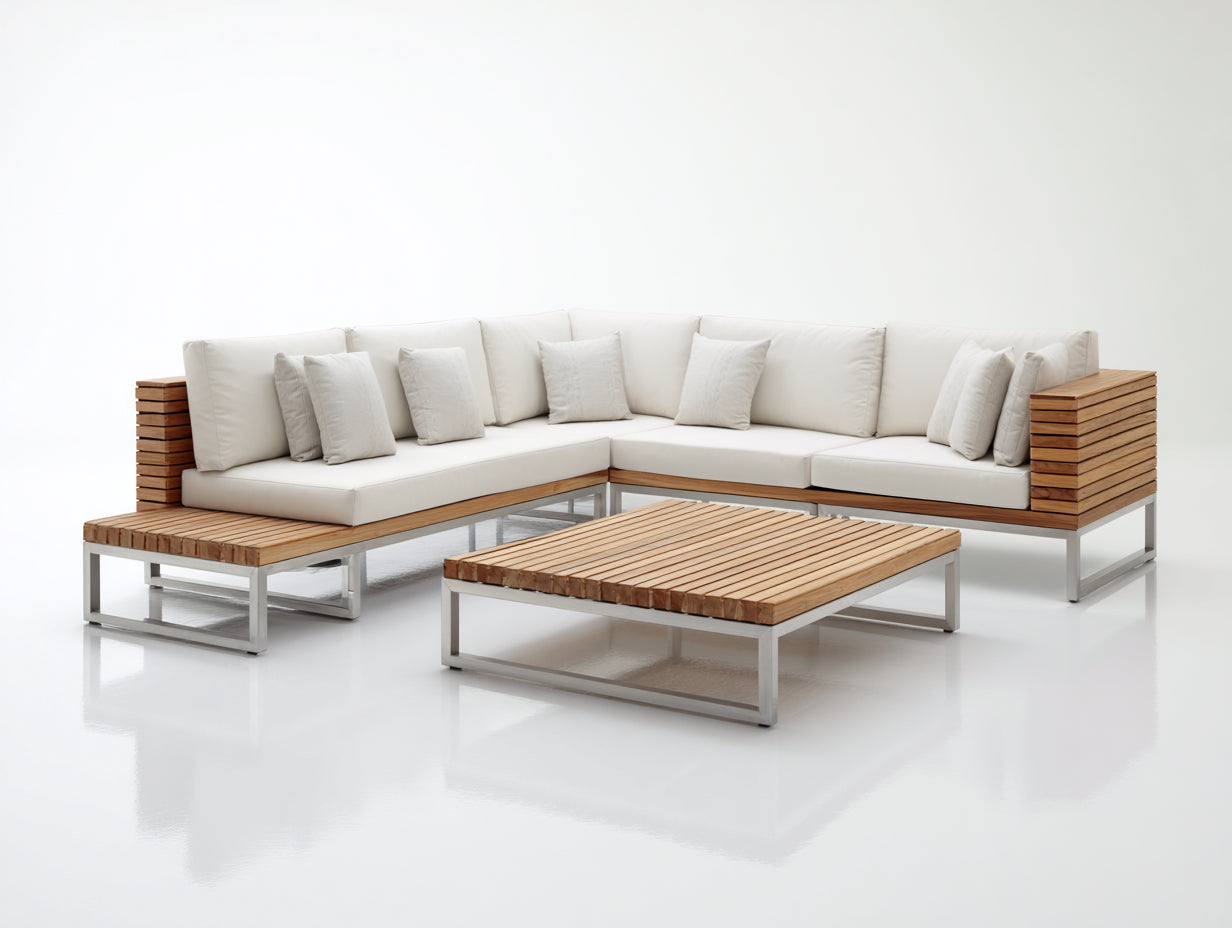 Conjunto de sofá de exterior de madera 285x260x78 cm - blanco y marrón - diseño rinconero con mesa de centro