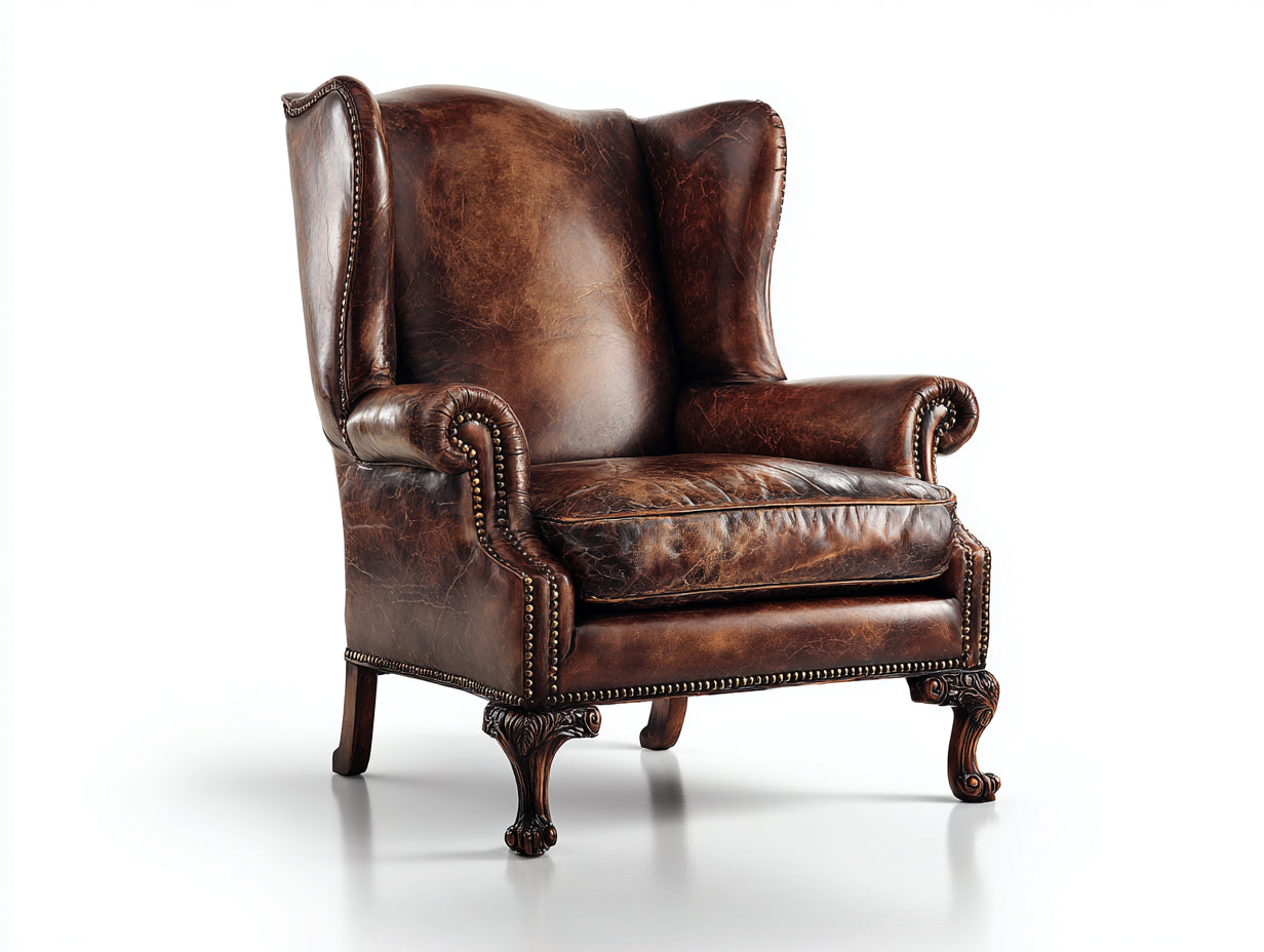 Sillón orejero de piel y madera 92x88x112 cm - marrón - para salón - estilo clásico