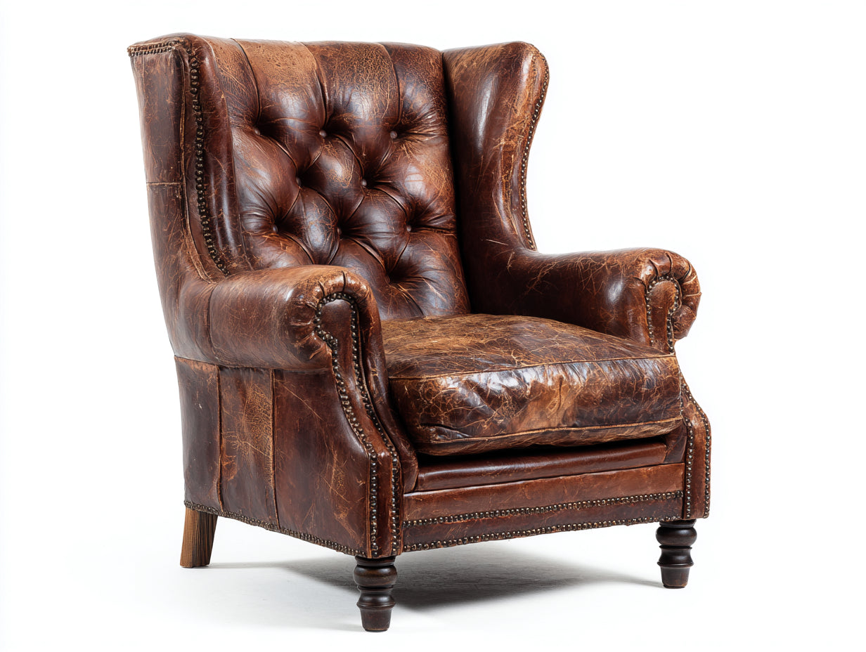 Sillón orejero de cuero 94x90x115 cm - marrón - diseño capitoné con tachuelas decorativas