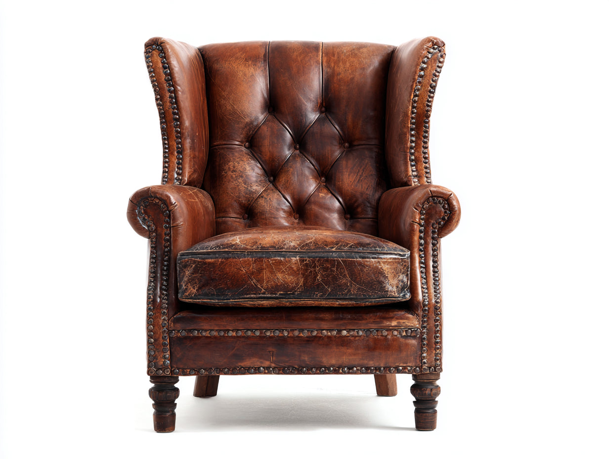 Sillón orejero de piel y madera 88x84x106 cm - marrón - para salón - estilo clásico