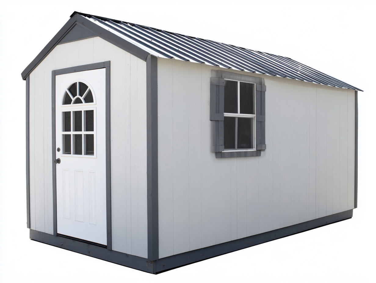 Caseta de jardín de madera 320x210x235 cm - blanco y gris - diseño clásico con puerta y ventana