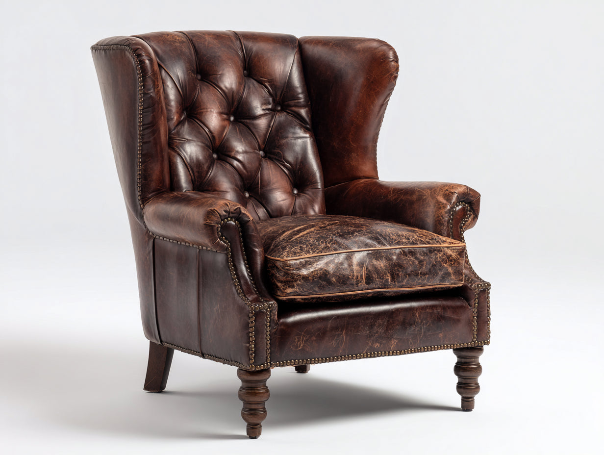 Sillón orejero de cuero 95x92x116 cm - marrón - estilo clásico capitoné con tachuelas