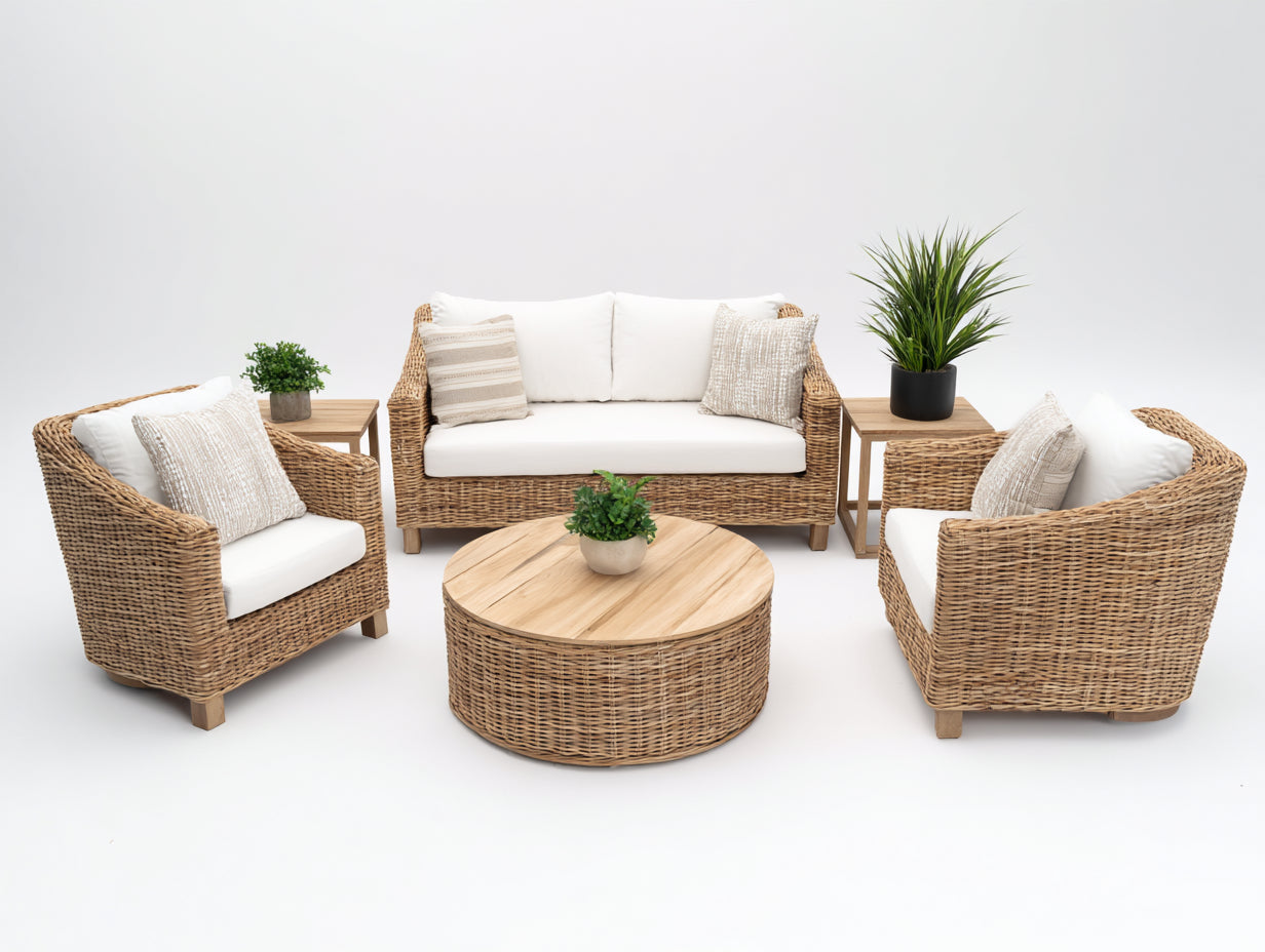Sofás de exterior de fibra trenzada natural 188x80x84 cm - para jardín - conjunto con mesas