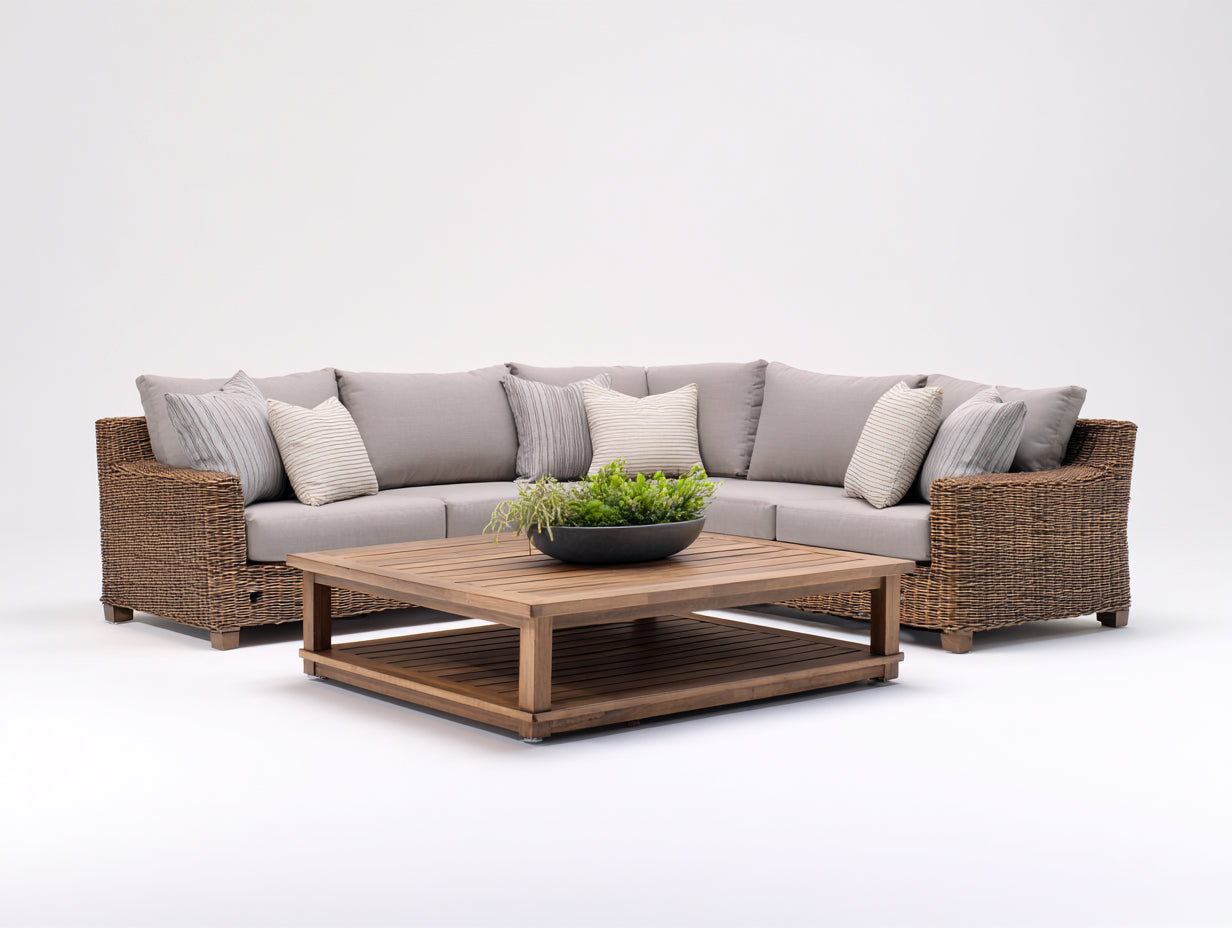 Sofás de exterior ratán madera y tela 280x280x75 cm natural gris conjunto modular