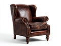 Sillón orejero de piel y madera 90x86x108 cm - marrón - para salón - estilo clásico