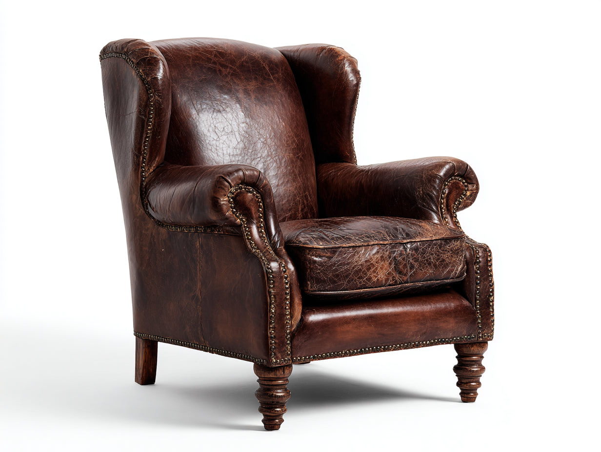 Sillón orejero de piel y madera 90x86x108 cm - marrón - para salón - estilo clásico