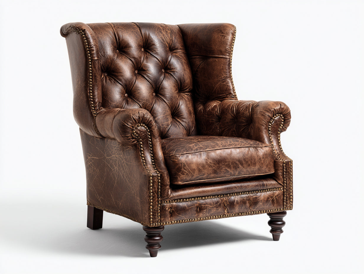 Sillón orejero de piel y madera 91x87x110 cm - marrón - para salón - estilo clásico