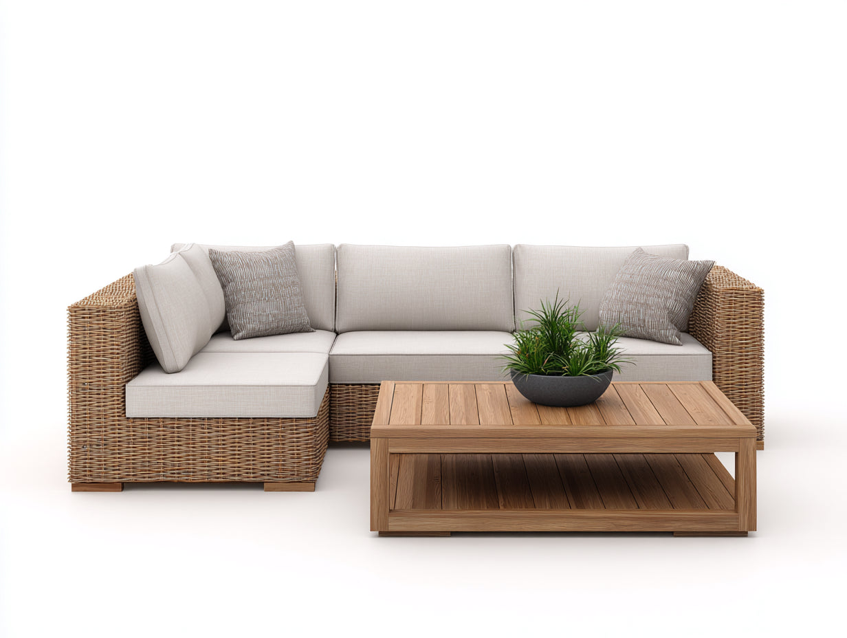 Sofás de exterior ratán 230x175x82 cm natural y beige para jardín - diseño modular con mesa