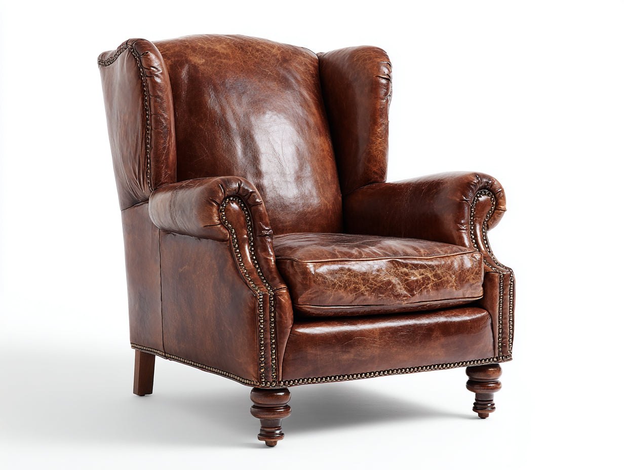 Sillón orejero de cuero marrón 90x92x113 cm - para salón - estilo clásico