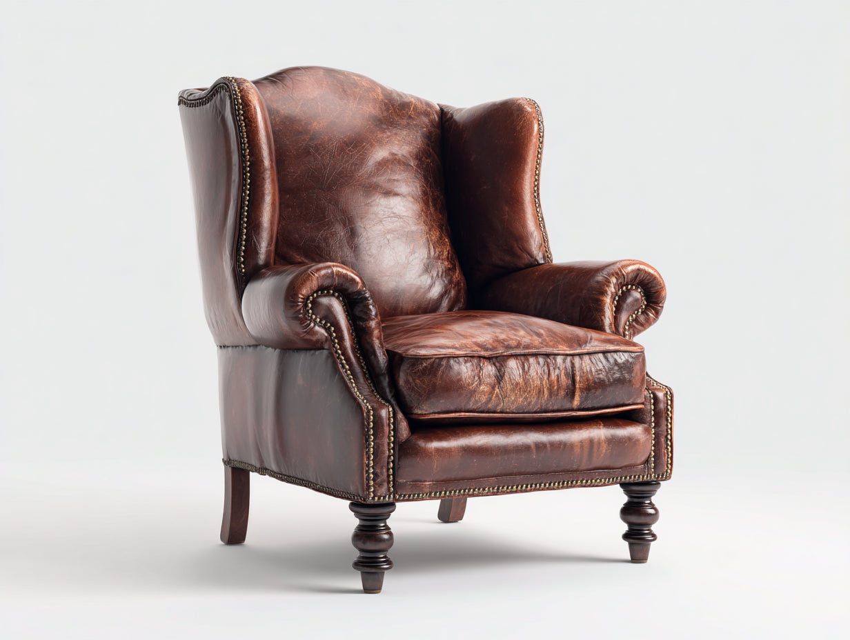 Sillón orejero de cuero 94x91x113 cm - marrón - estilo vintage con tachuelas decorativas