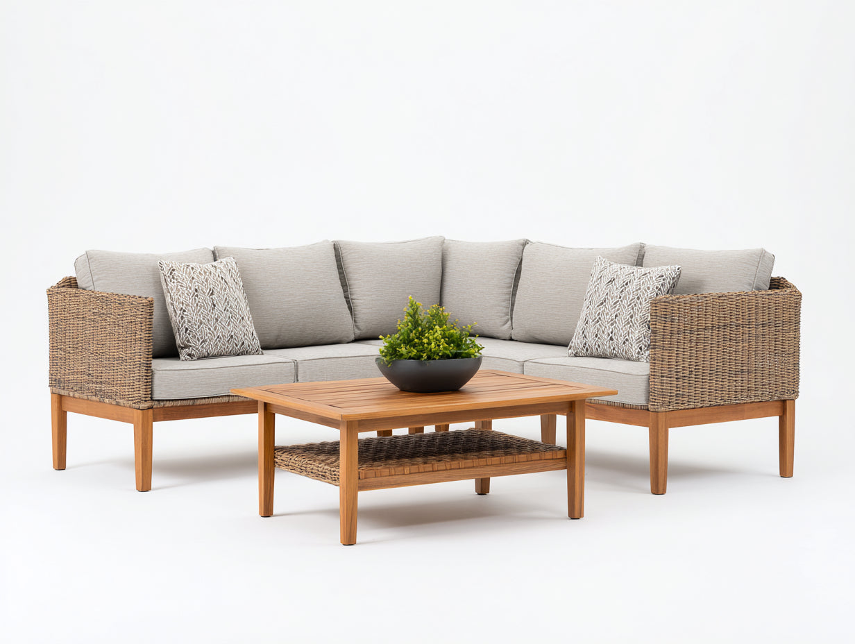 Sofás de exterior de ratán y madera 250x250x82 cm - natural-beige - para jardín - con mesa - estilo moderno
