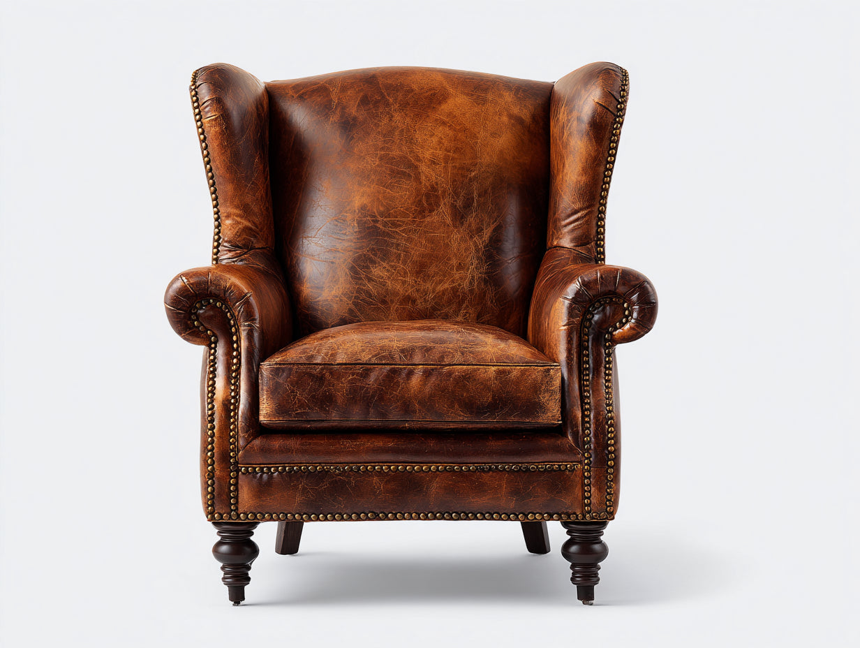 Sillón orejero de cuero marrón 86x88x112 cm - para salón - estilo clásico