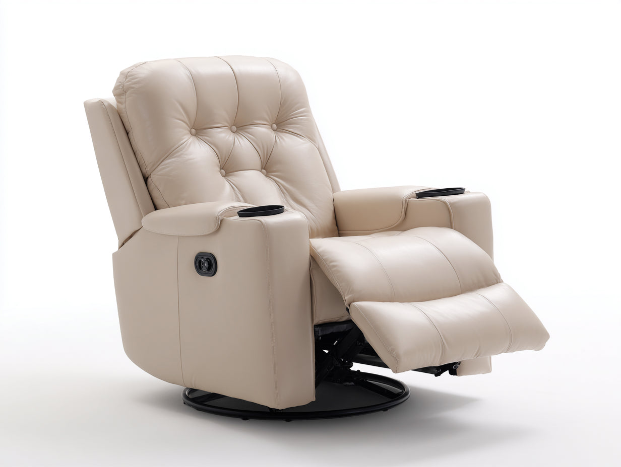 Sillón reclinable de cuero 95x98x105 cm - beige y negro - diseño giratorio con reposapiés