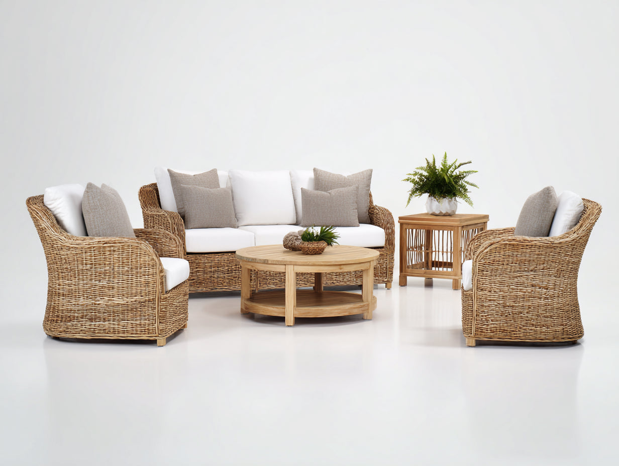 Sofás de exterior de ratán trenzado natural 190x82x85 cm - para jardín - conjunto con mesas